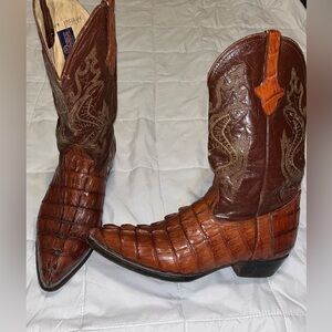Mens Cowboy Western Cognac Boots Alligator Tail Print Round Toe Botas Size 10.5